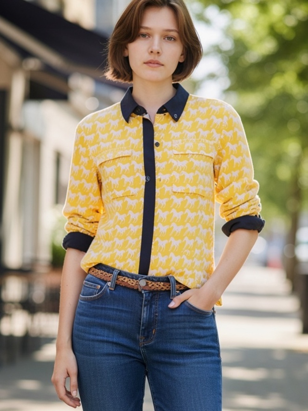 ANTHROPOLOGIE MAEVE COLORBLOCK EQUESTRIAN QUIRKY HORSE BUTTON DOWN SHIRT